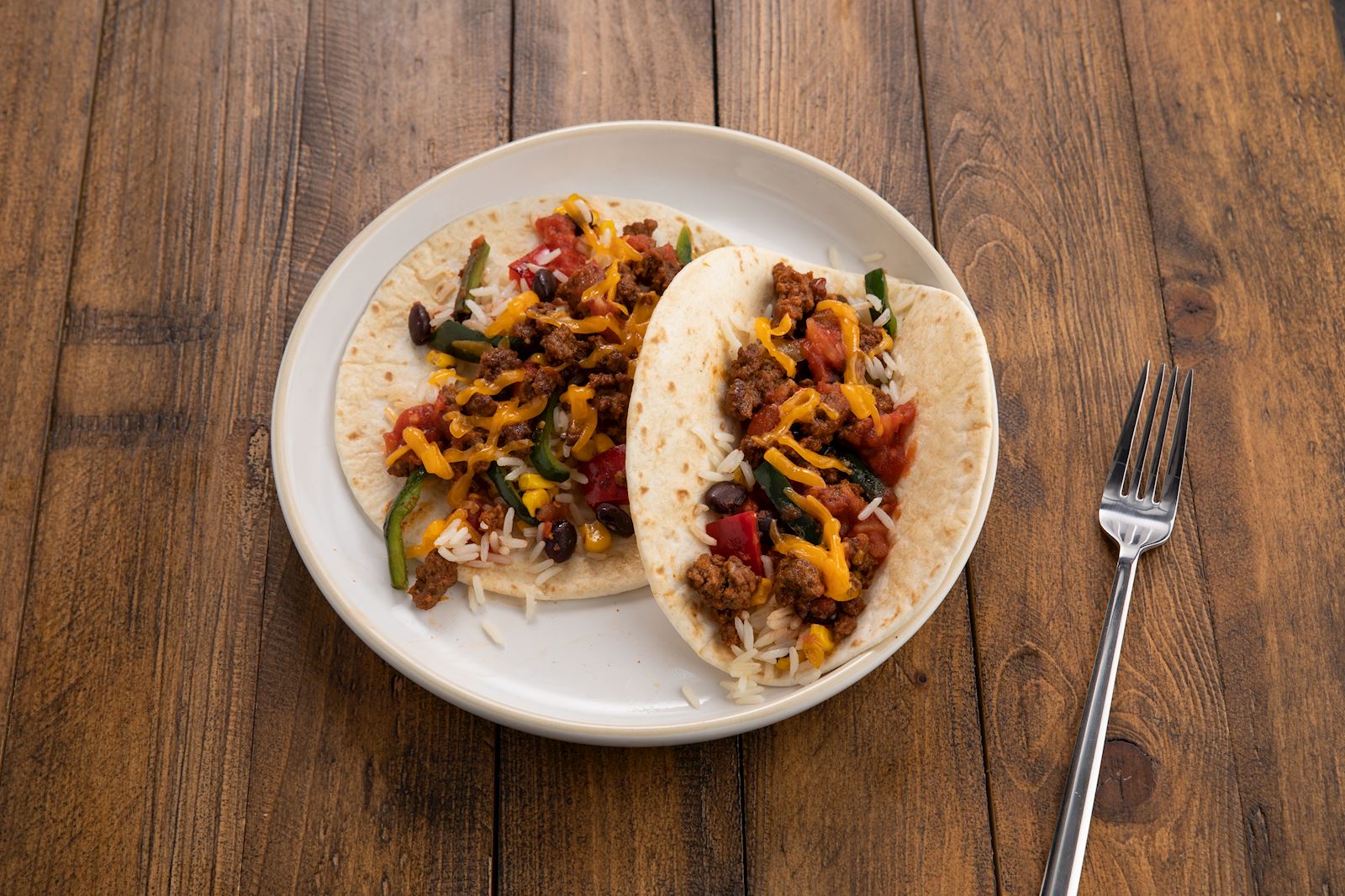 Beef Soft Tacos with Cheese and Santa Fe Style Rice